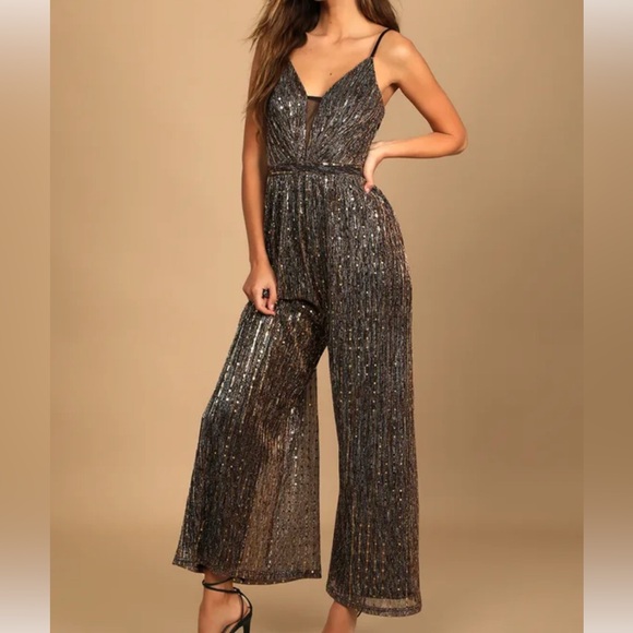 Disco Party Black Multi Metallic Wide-Leg Jumpsuit - Picture 1 of 8